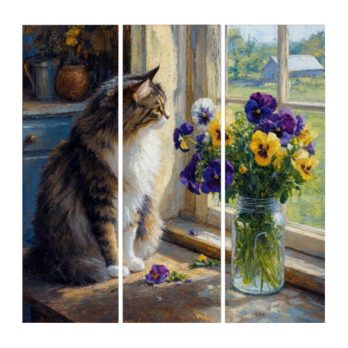 Calico Cat with Pansy Bouquet by Farmhouse Window Triptych