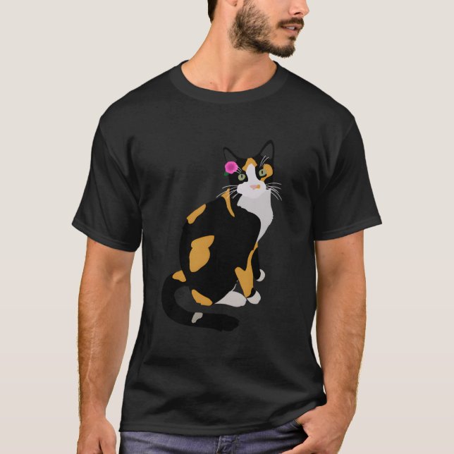 Calico Cat With Pink Flower Calico Mom Cat Lover T-Shirt (Front)