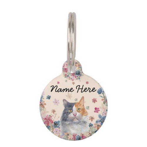 Calico Cat with Tricolored coat Floral circle  Pet ID Tag