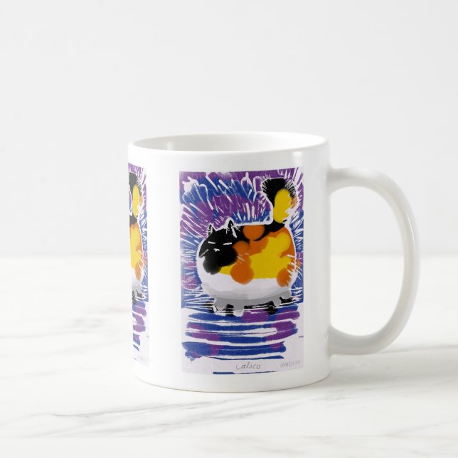 calico cat woodcut print coffee mug (Right)