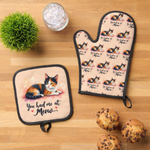 Calico Cat You Had Me at Meow Watercolor Oven Mitt & Pot Holder Set