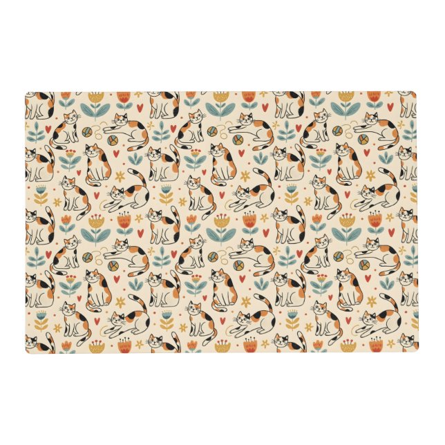 Calico Cats Naive Art Style Pet Placemat (Front)