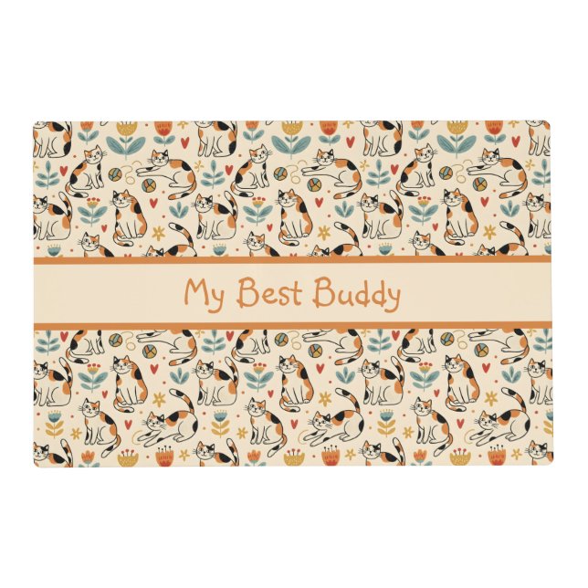 Calico Cats Naive Art Style Pet Placemat (Front)