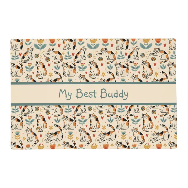 Calico Cats Naive Art Style Pet Placemat (Front)