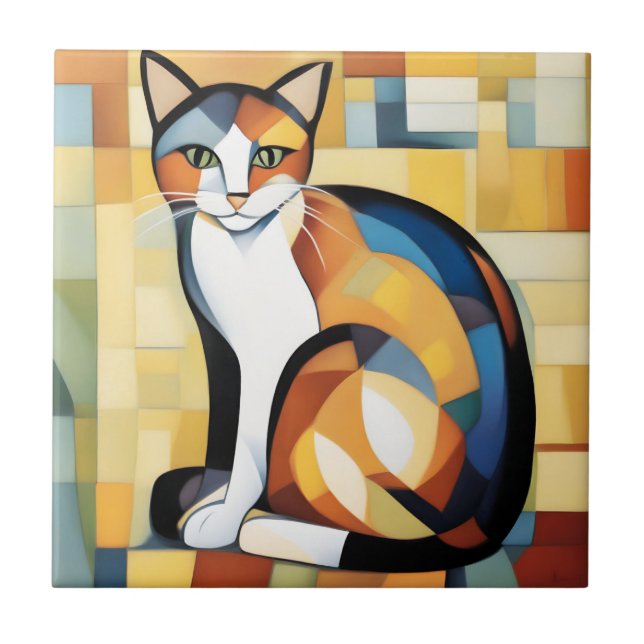 Calico Cubism A Feline Ceramic Tile (Front)