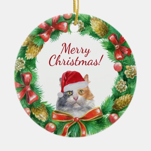 Calico domestic cat merry christmas ceramic ornament