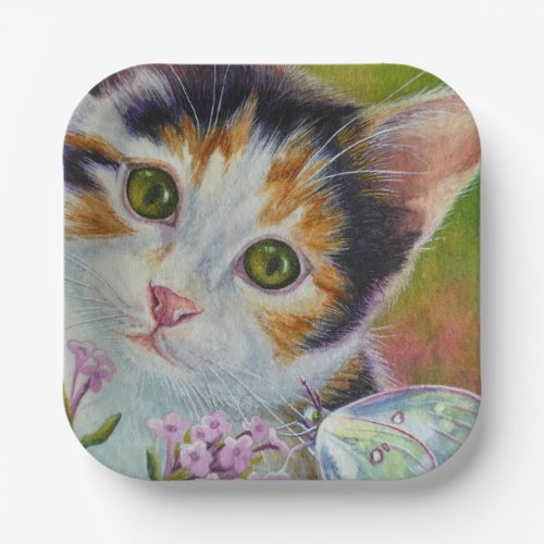 Calico Kitten and Sulphur Butterfly Watercolor Art Paper Plates