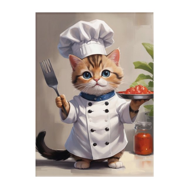 Calico Kitten Chef with Fork Cute Baking Cat  Acrylic Print (Front)