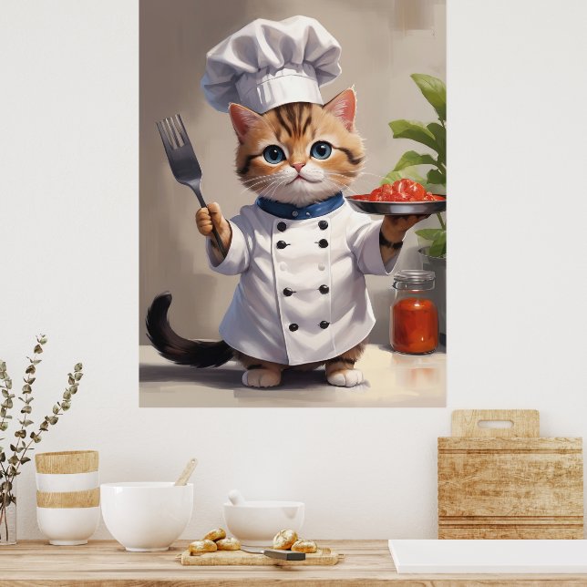 Calico Kitten Chef with Fork Cute Baking  Poster (Kitchen)
