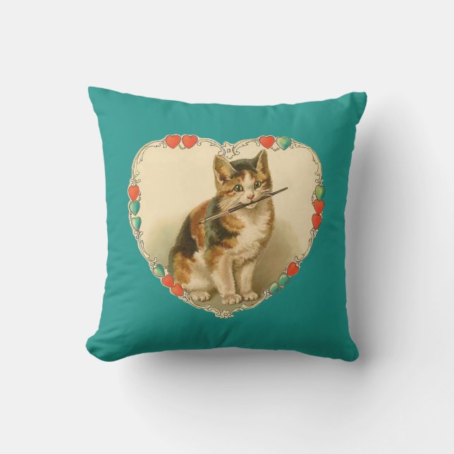 Calico Kitten in Heart Throw Pillow (Front)