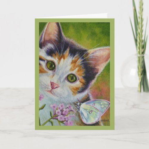 Calico Kitten  Sulphur Butterfly Watercolor Art   Card