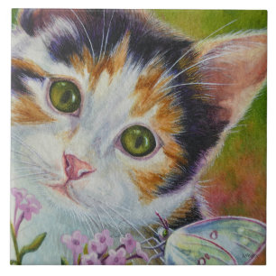 Calico Kitten & Sulphur Butterfly Watercolor Art Ceramic Tile