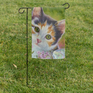 Calico Kitten & Sulphur Butterfly Watercolor Art Garden Flag