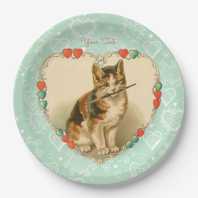 Calico Kitten Valentine Hearts Paper Plates (Front)