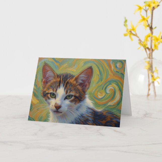 Calico Kitten Whimsical Art Note Card (Yellow Flower)