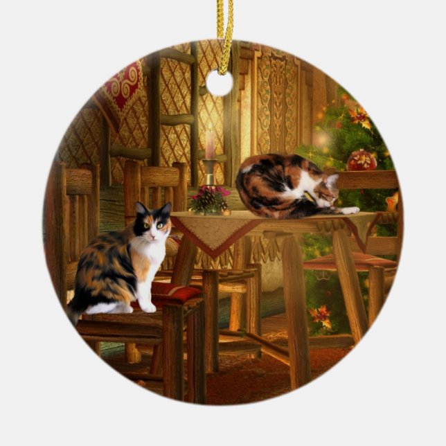 Calico kitties Christmas Ceramic Ornament (Front)