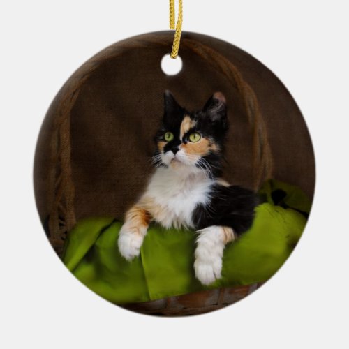 Calico Kitty Cat in Basket Classic Photo Ornament