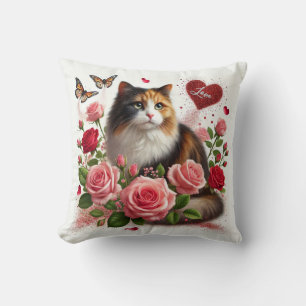 Calico Kitty Love Hearts Roses Valentines Day Throw Pillow