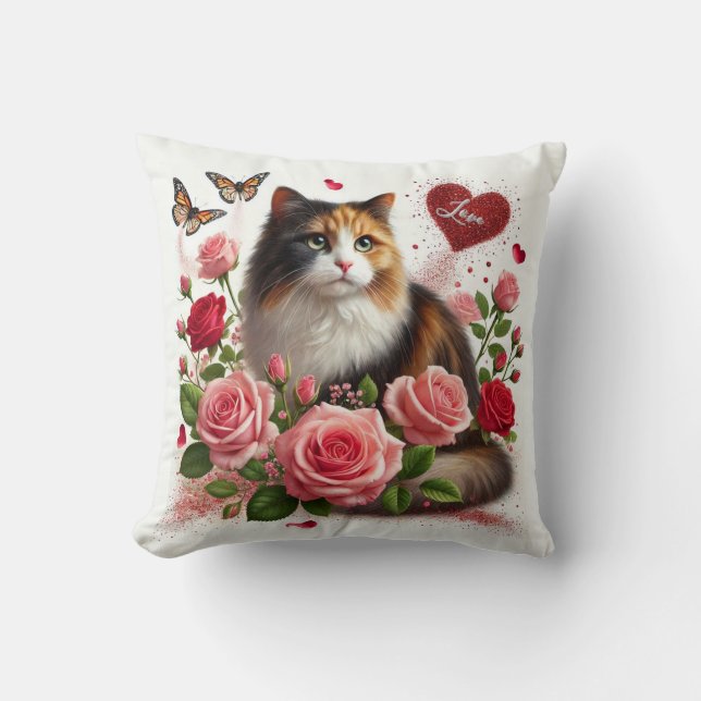 Calico Kitty Love Hearts Roses  Valentines Day  Throw Pillow (Front)