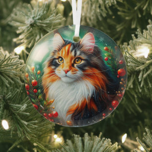 Calico Longhair Cat Glass Ornament
