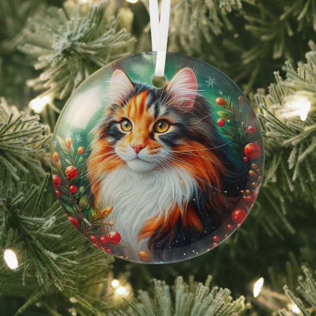 Calico Longhair Cat Glass Ornament (Insitu)