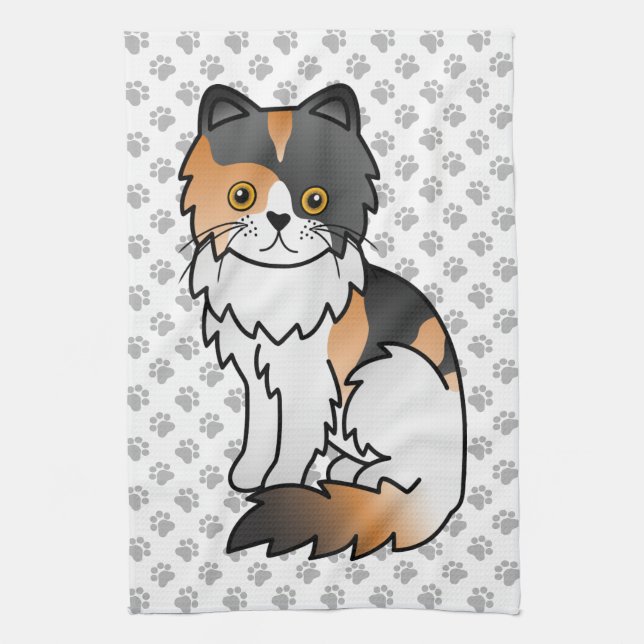Calico Persian Cute Cartoon Cat Illustration Kitchen Towel (Vertical)