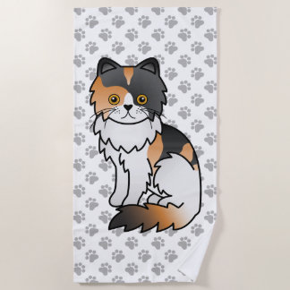 Calico Persian Cute Cartoon Cat &amp; Paws Beach Towel
