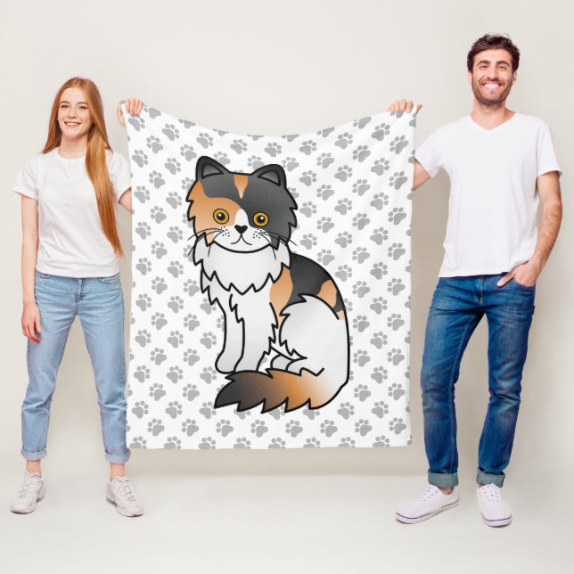 Calico Persian Cute Cartoon Cat & Paws Fleece Blanket (In Situ)