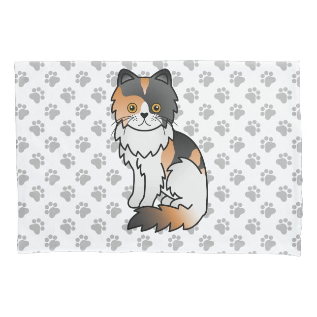 Calico Persian Cute Cartoon Cat & Paws Pillow Case (Front)