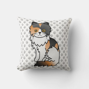 Calico Persian Cute Cartoon Cat & Paws Throw Pillow