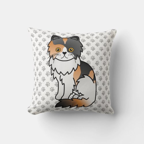 Calico Persian Cute Cartoon Cat  Paws Throw Pillow