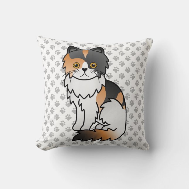 Calico Persian Cute Cartoon Cat & Paws Throw Pillow (Front)