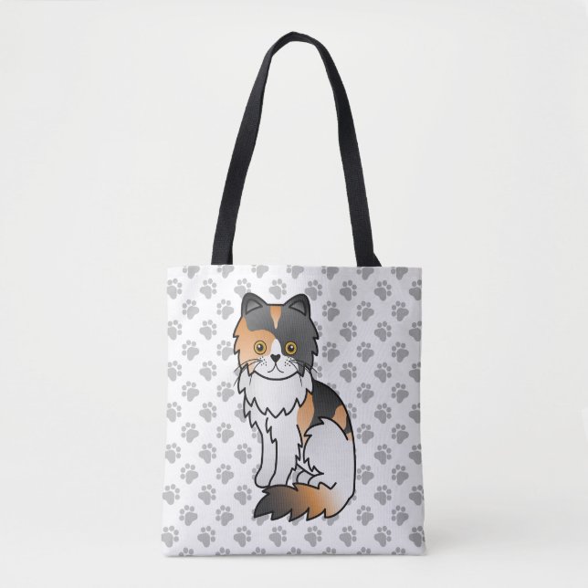 Calico Persian Cute Cartoon Cat & Paws Tote Bag (Front)