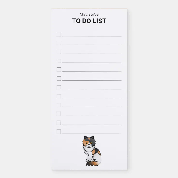 Calico Persian Cute Cartoon Cat To Do List & Name Magnetic Notepad | Zazzle