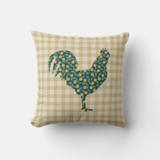 Calico Rooster Gingham Pattern Blue Yellow Green Throw Pillow (Front)
