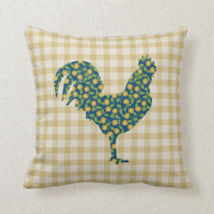 Calico Rooster Gingham Pattern Blue Yellow Green Throw Pillow