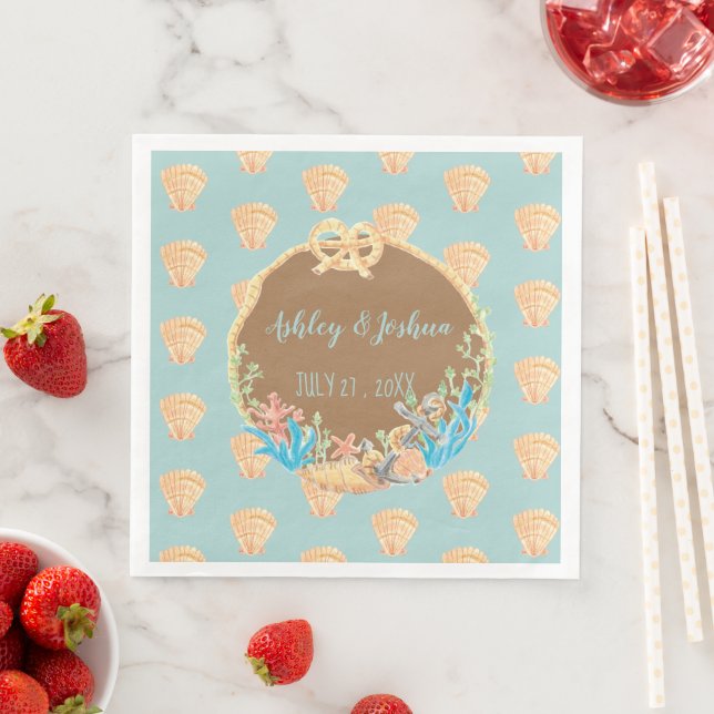 Calico Scallop Blue Retro Wedding Paper Napkins (Insitu)
