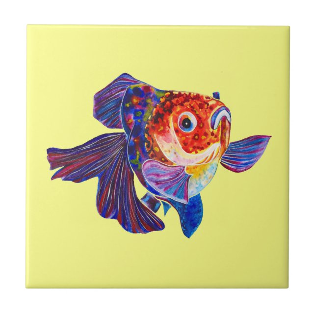 Calico Veiltail Goldfish on yellow tile (Front)