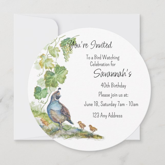 Calif Quail Bird Birder Birdwatcher Birthday Invitation (Front)