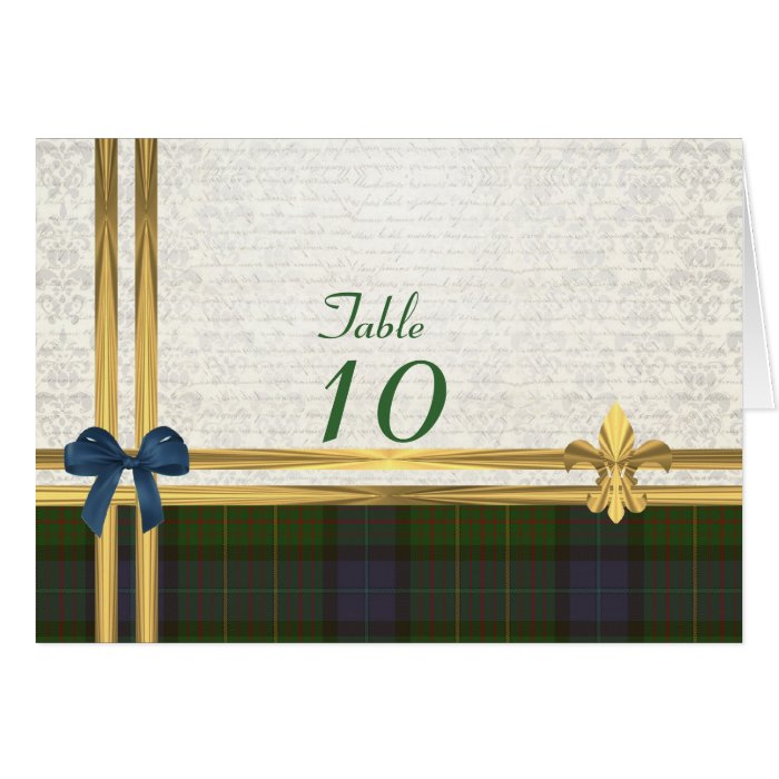 Califor tartan & gold on white damask table number greeting cards