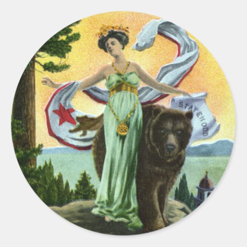 California Admission Day Festival Woman with Bear Classic Round Sticker