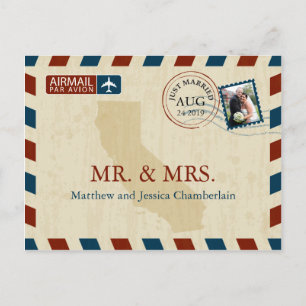California Airmail   Wedding Thank You Postcard