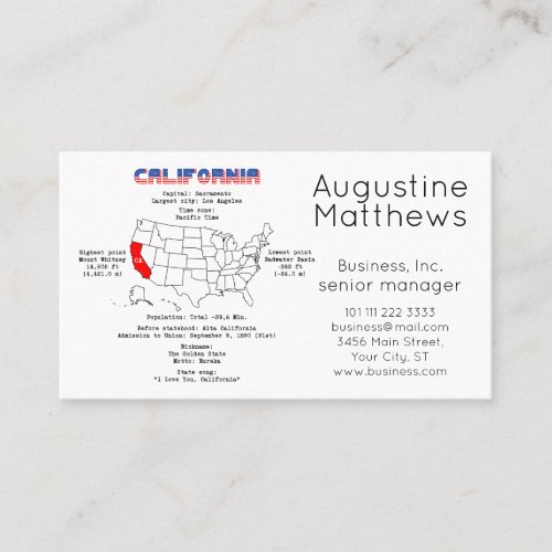 California American state on a map and useful info Business Card