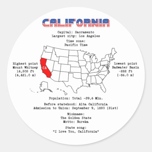 California American state on a map and useful info Classic Round Sticker