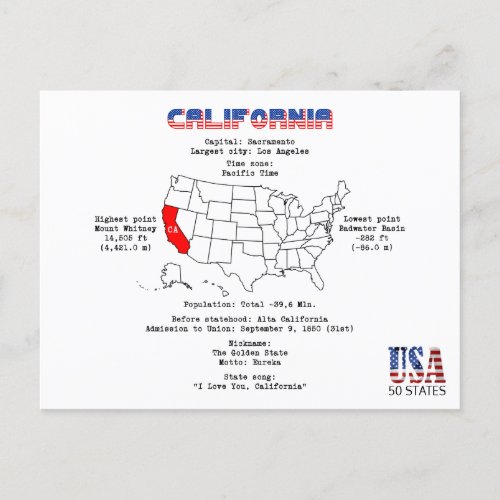California American state on a map and useful info Holiday Postcard