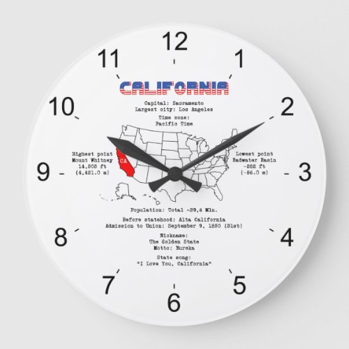 California American state on a map and useful info Large Clock