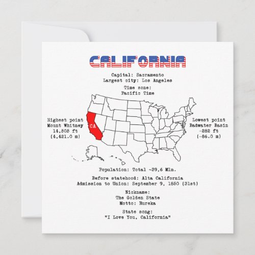 California American state on a map and useful info Thank You Card
