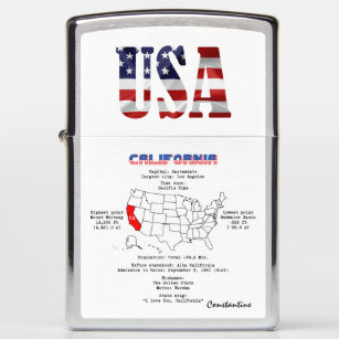 California American state on a map and useful info Zippo Lighter
