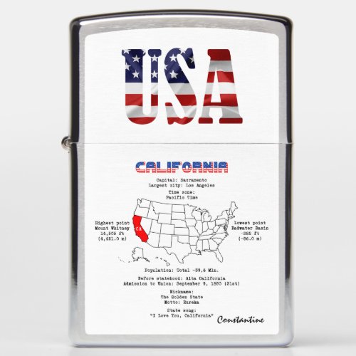 California American state on a map and useful info Zippo Lighter