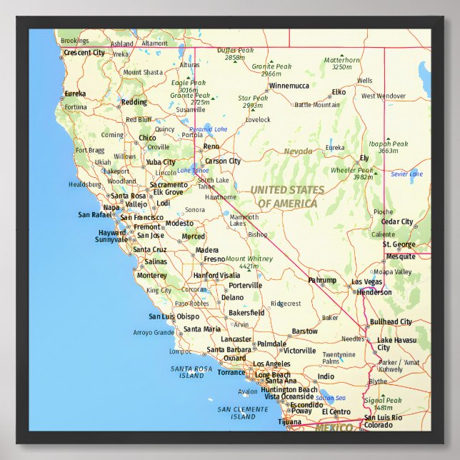 California and Nevada USA States Map Framed Art (Framed Front)